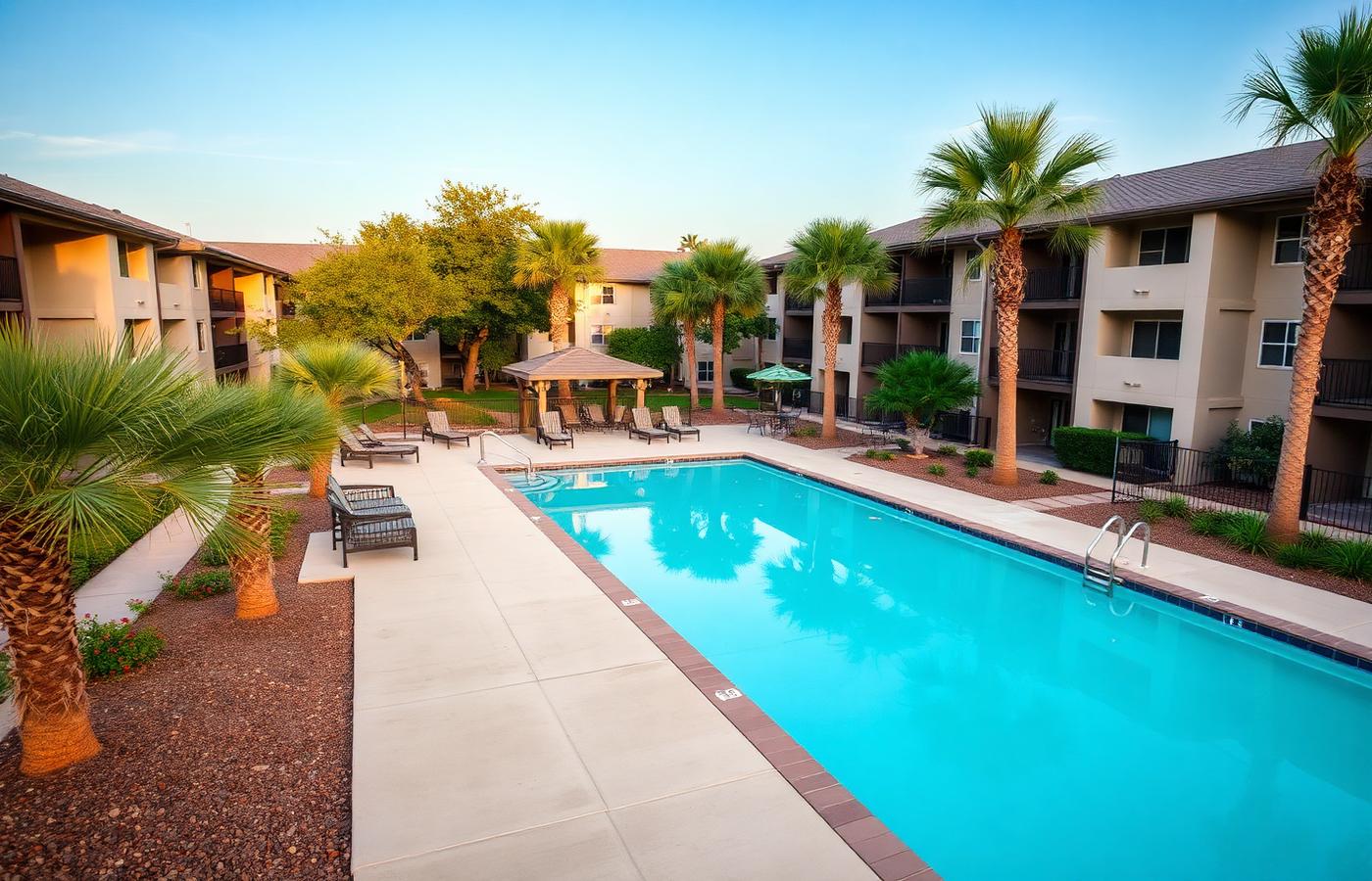 A garden-style apartment community with pool and landscaped grounds